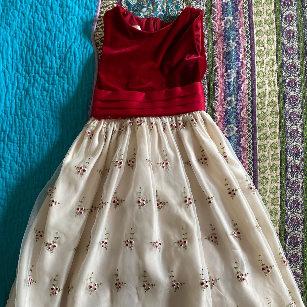 Girls red velvet and cream rosette Christmas dress